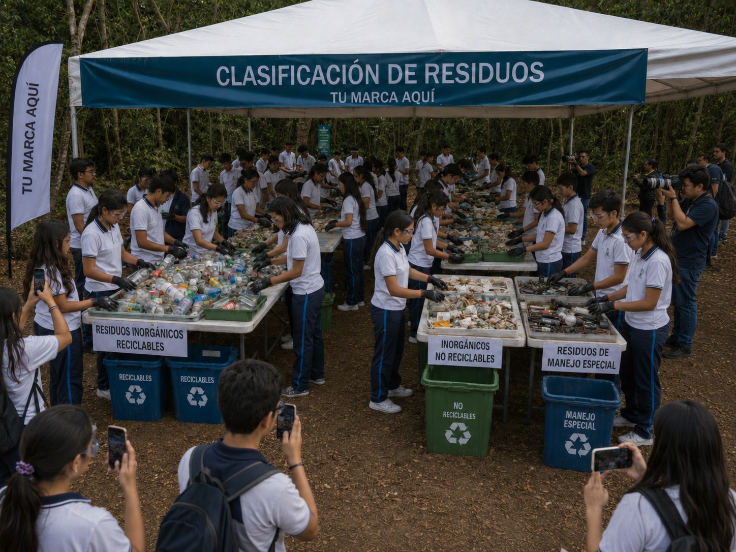 Visualización de una zona de clasificación de residuos con estudiantes en superficie